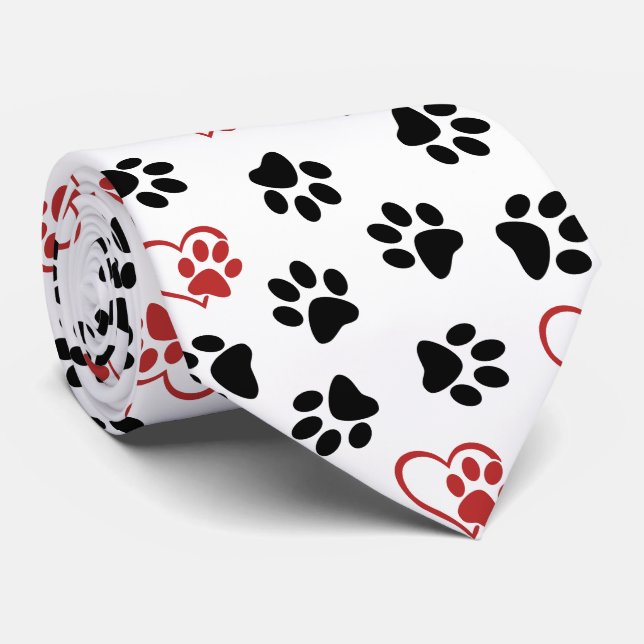 Pattern Of Paws, Black Paws, Red Paws, Hearts Tie (Rolled)