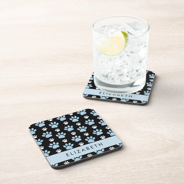 Pattern Of Paws, Blue Paws, Dog Paws, Your Name Coaster (Right Side)