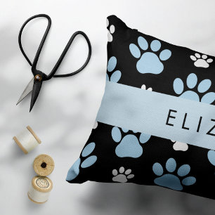 Pattern Of Paws, Blue Paws, Dog Paws, Your Name Decorative Cushion