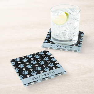 Pattern Of Paws, Blue Paws, Dog Paws, Your Name Glass Coaster