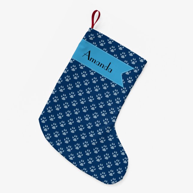 Pattern Of Paws, Blue Paws, Dog Paws, Your Name Small Christmas Stocking (Front (Hanging))