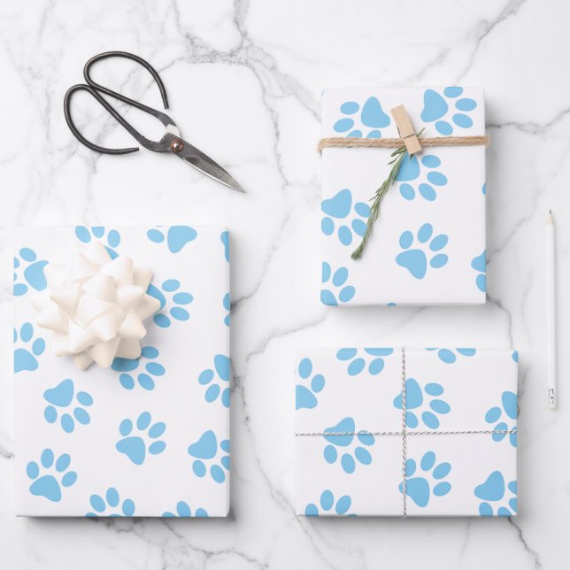 Pattern Of Paws, Dog Paws, Baby Blue Paws Wrapping Paper Sheet (Front)