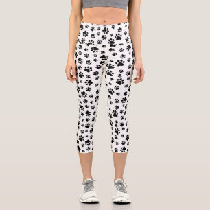 Pattern Of Paws, Dog Paws, Black and White Capri Leggings
