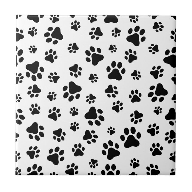 Pattern Of Paws, Dog Paws, Black and White Ceramic Tile (Front)