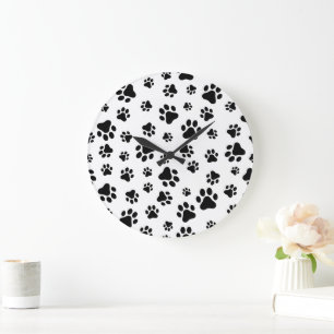 Pattern Of Paws, Dog Paws, Black and White Large Clock