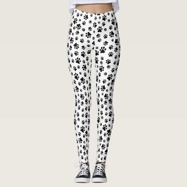 Pattern Of Paws, Dog Paws, Black and White Leggings (Front)
