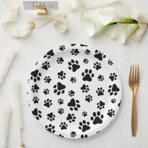 Pattern Of Paws, Dog Paws, Black and White Paper Plate