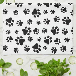 Pattern Of Paws, Dog Paws, Black and White Tea Towel