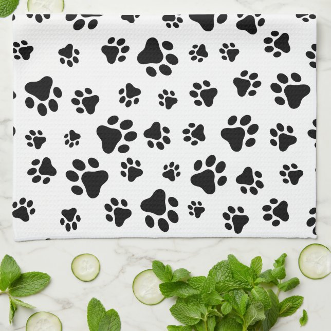 Pattern Of Paws, Dog Paws, Black and White Tea Towel (Folded)