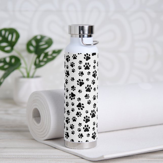 Pattern Of Paws, Dog Paws, Black and White Water Bottle (Yoga)