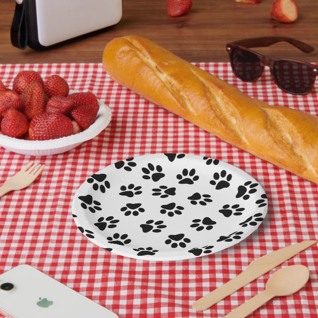 Pattern Of Paws, Dog Paws, Black Paws Paper Plate (Picnic)