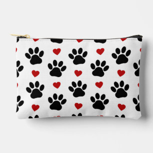 Pattern Of Paws, Dog Paws, Black Paws, Red Hearts Accessory Pouch