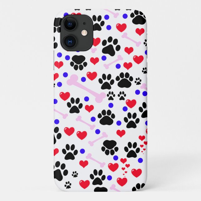 Pattern Of Paws, Dog Paws, Black Paws, Red Hearts Case-Mate iPhone Case (Back)