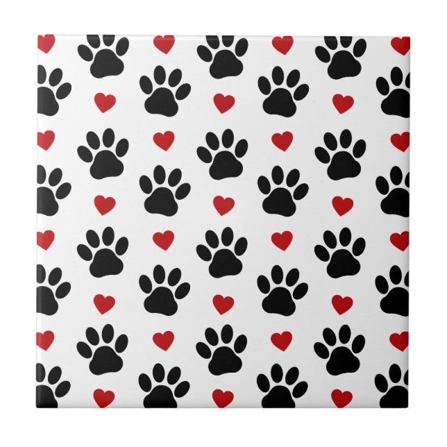 Pattern Of Paws, Dog Paws, Black Paws, Red Hearts Ceramic Tile (Front)