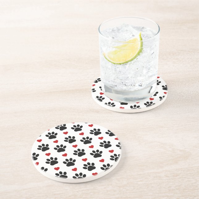 Pattern Of Paws, Dog Paws, Black Paws, Red Hearts Coaster (Side)