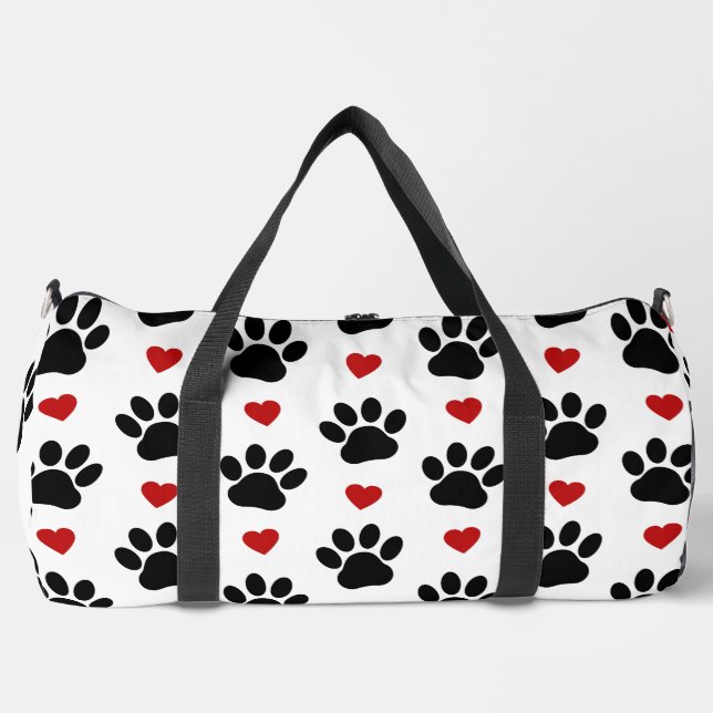 Pattern Of Paws, Dog Paws, Black Paws, Red Hearts Duffle Bag (Front)