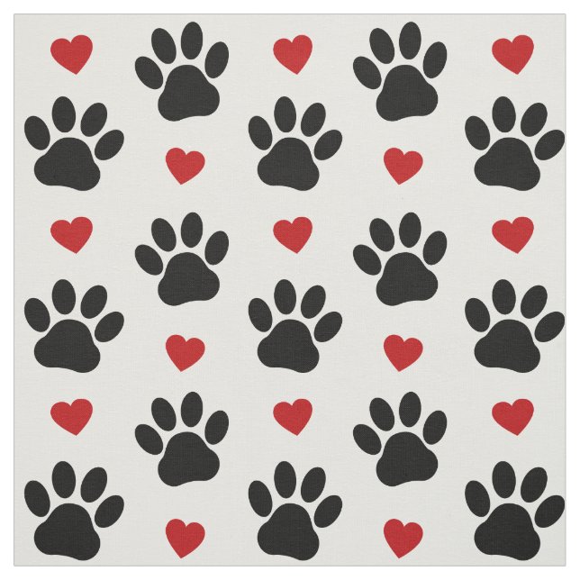 Pattern Of Paws, Dog Paws, Black Paws, Red Hearts Fabric (Swatch)