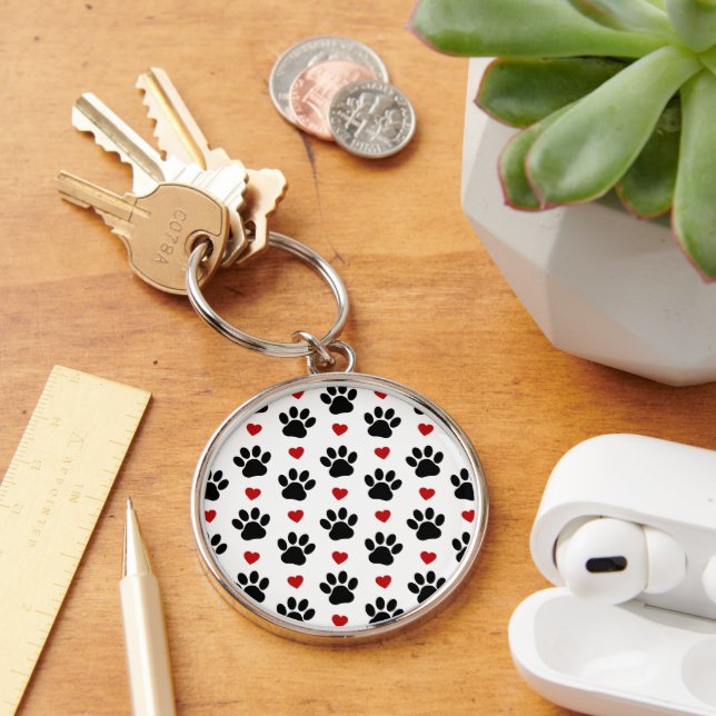 Pattern Of Paws, Dog Paws, Black Paws, Red Hearts Key Ring (Desk)