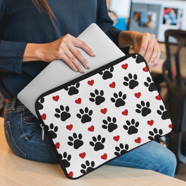Pattern Of Paws, Dog Paws, Black Paws, Red Hearts Laptop Sleeve (Creator Uploaded)
