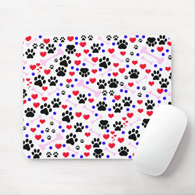 Pattern Of Paws, Dog Paws, Black Paws, Red Hearts Mouse Pad (With Mouse)