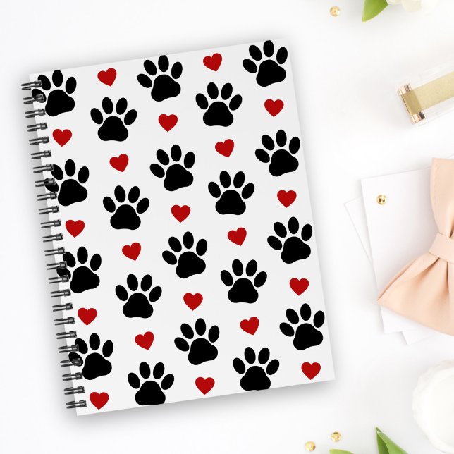 Pattern Of Paws, Dog Paws, Black Paws, Red Hearts Notebook (Creator Uploaded)