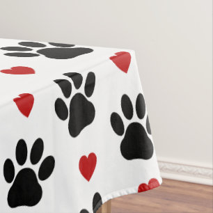 Pattern Of Paws, Dog Paws, Black Paws, Red Hearts Tablecloth