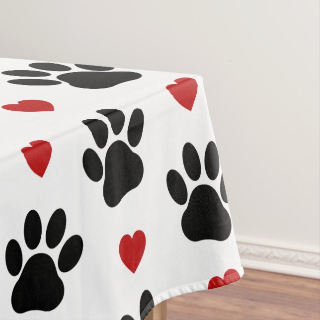 Pattern Of Paws, Dog Paws, Black Paws, Red Hearts Tablecloth (In Situ)