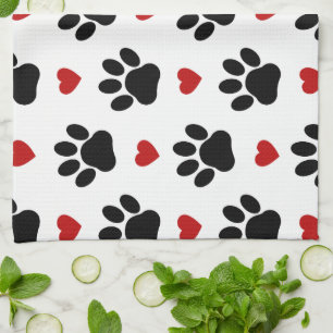 Pattern Of Paws, Dog Paws, Black Paws, Red Hearts Tea Towel
