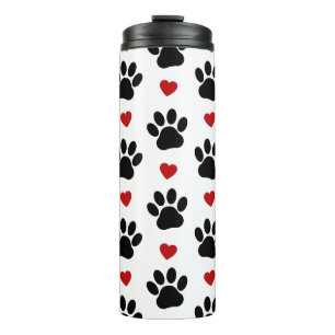Pattern Of Paws, Dog Paws, Black Paws, Red Hearts Thermal Tumbler