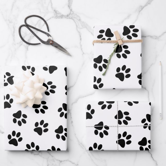 Pattern Of Paws, Dog Paws, Black Paws Wrapping Paper Sheet (Front)