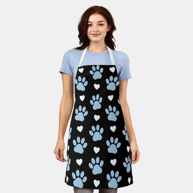 Pattern Of Paws, Dog Paws, Blue Paws, White Hearts Apron (Worn)