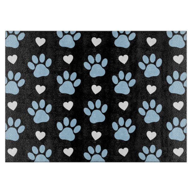 Pattern Of Paws, Dog Paws, Blue Paws, White Hearts Cutting Board (Front)