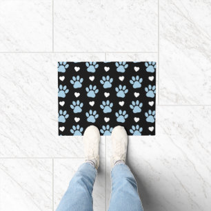 Pattern Of Paws, Dog Paws, Blue Paws, White Hearts Doormat