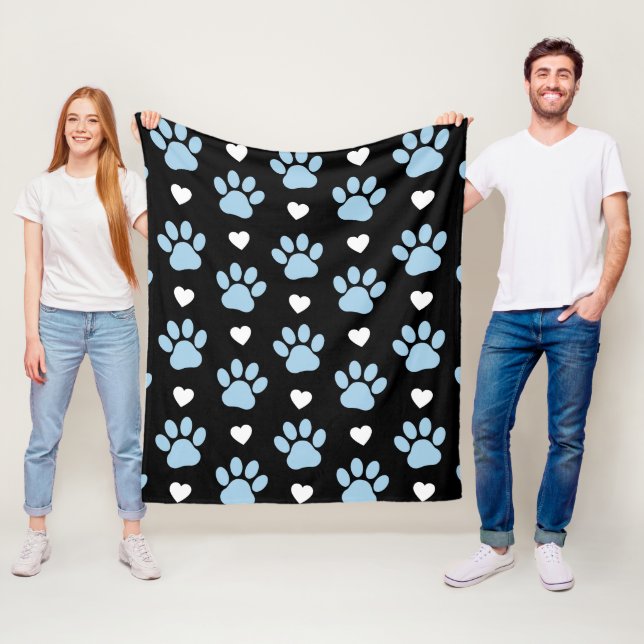 Pattern Of Paws, Dog Paws, Blue Paws, White Hearts Fleece Blanket (In Situ)
