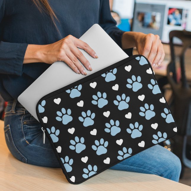 Pattern Of Paws, Dog Paws, Blue Paws, White Hearts Laptop Sleeve (Creator Uploaded)