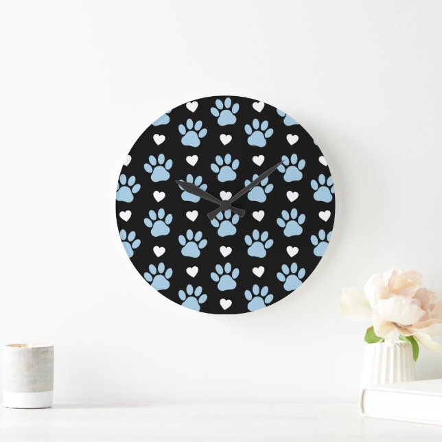 Pattern Of Paws, Dog Paws, Blue Paws, White Hearts Large Clock (Home)