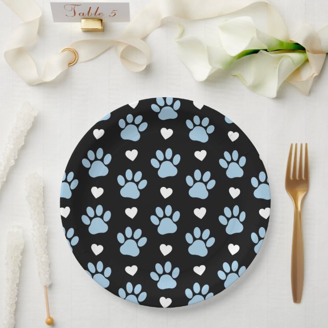 Pattern Of Paws, Dog Paws, Blue Paws, White Hearts Paper Plate (Wedding)