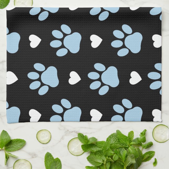 Pattern Of Paws, Dog Paws, Blue Paws, White Hearts Tea Towel (Folded)