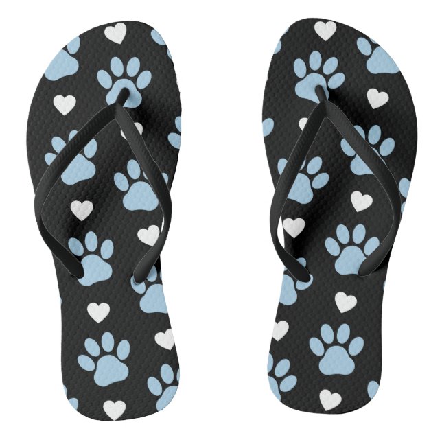 Pattern Of Paws, Dog Paws, Blue Paws, White Hearts Thongs (Footbed)