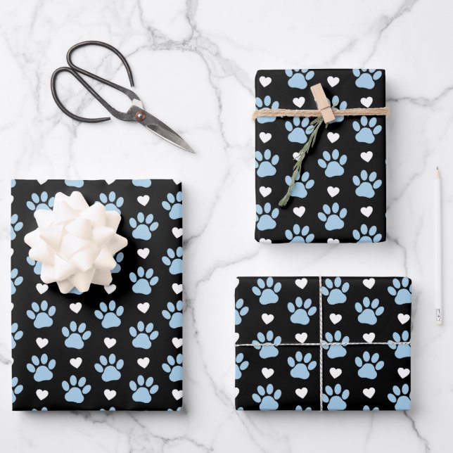 Pattern Of Paws, Dog Paws, Blue Paws, White Hearts Wrapping Paper Sheet (Front)