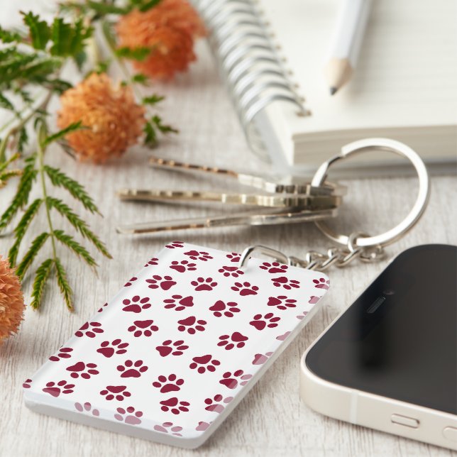 Pattern Of Paws, Dog Paws, Burgundy Paws Key Ring (Front Right)