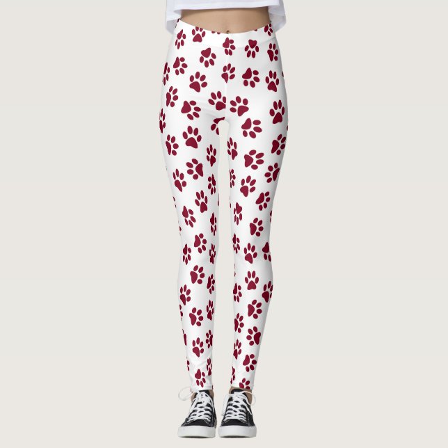 Pattern Of Paws, Dog Paws, Burgundy Paws Leggings (Front)