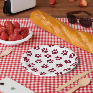 Pattern Of Paws, Dog Paws, Burgundy Paws Paper Plate