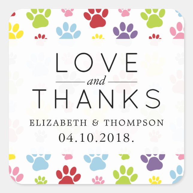 Pattern Of Paws, Dog Paws, Colourful Paws, Wedding Square Sticker (Front)