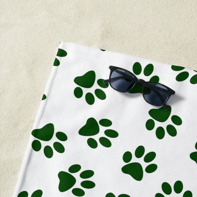 Pattern Of Paws, Dog Paws, Green Paws Beach Towel (In Situ)