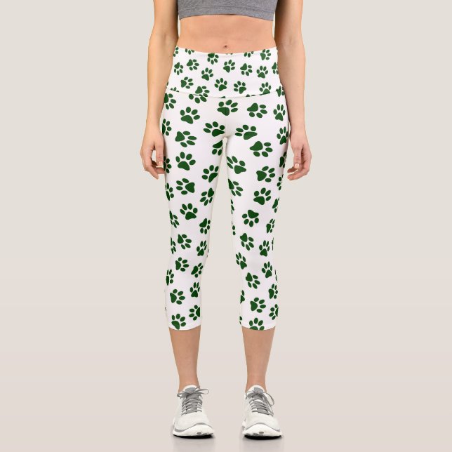 Pattern Of Paws, Dog Paws, Green Paws Capri Leggings (Front)