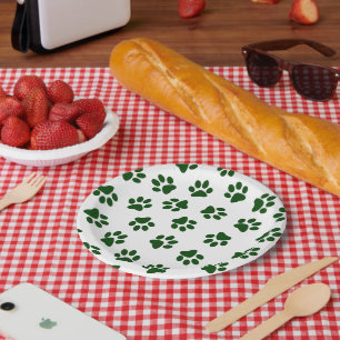 Pattern Of Paws, Dog Paws, Green Paws Paper Plate