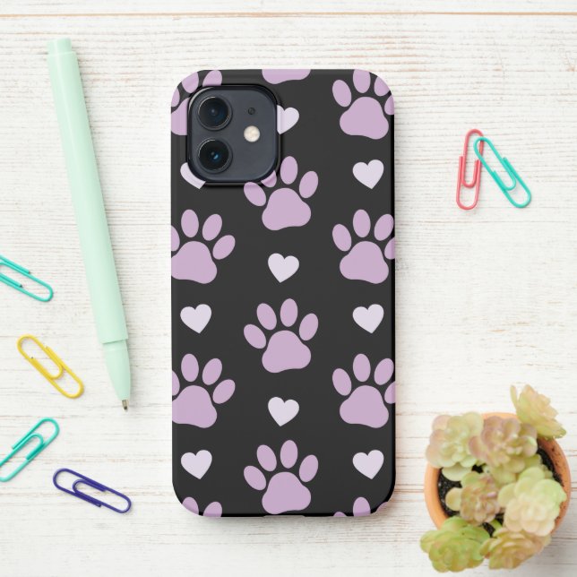Pattern Of Paws, Dog Paws, Lilac Paws, Hearts iPhone Case (On Desk)