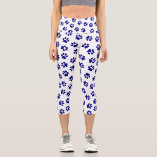 Pattern Of Paws, Dog Paws, Navy Blue Paws Capri Leggings