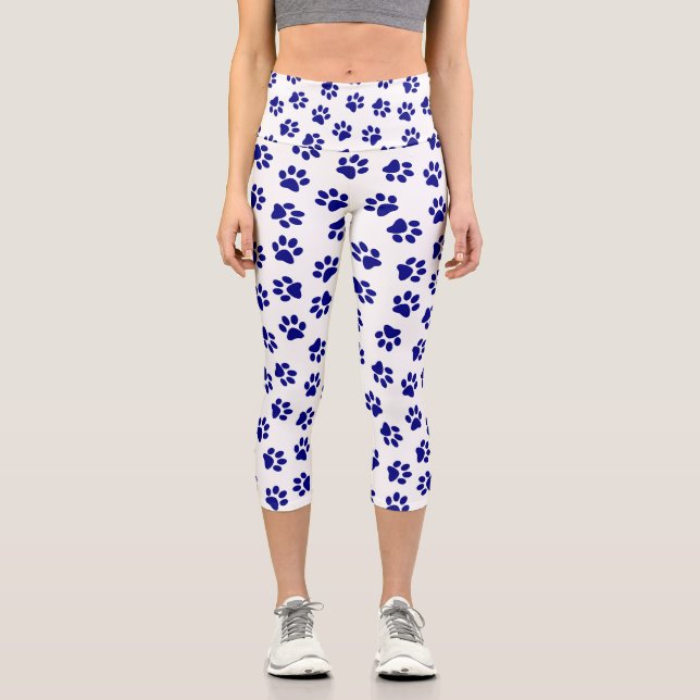 Pattern Of Paws, Dog Paws, Navy Blue Paws Capri Leggings (Front)